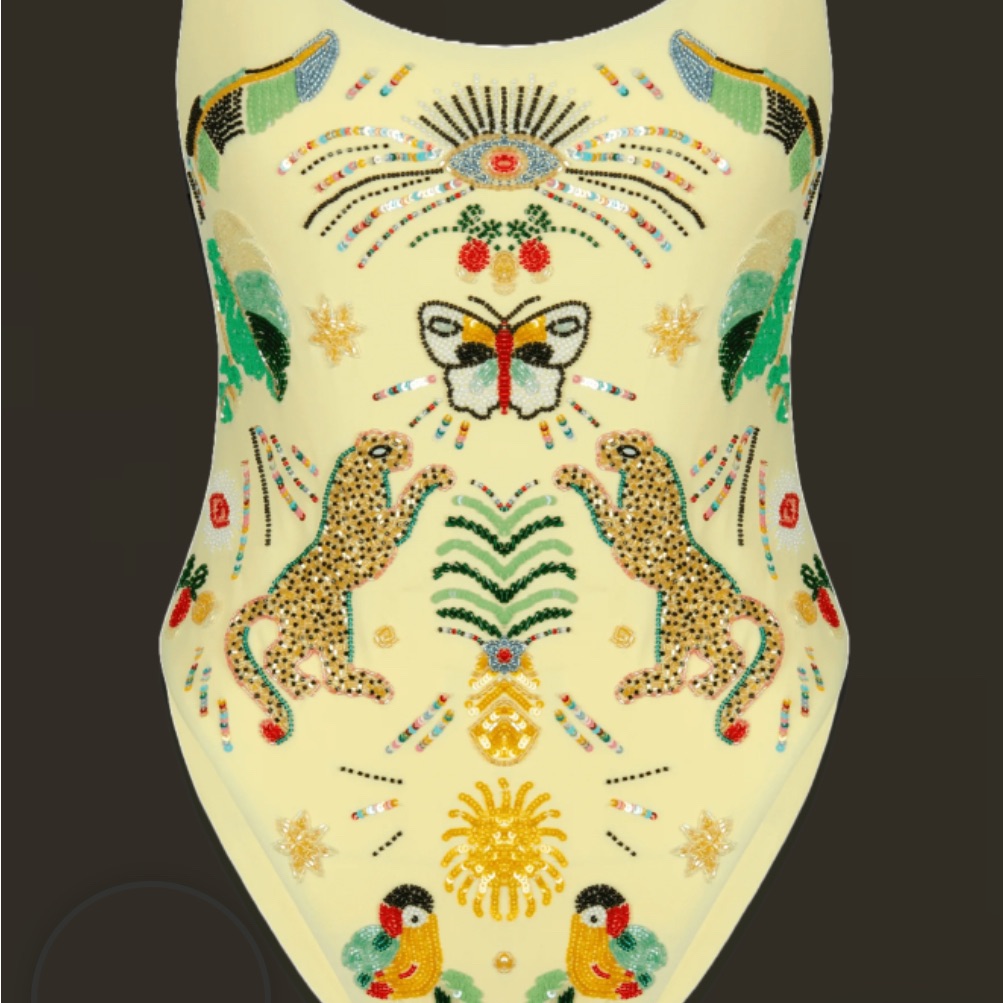 Oceanus Embroidered Yellow Bathing Suit With Animal Motifs